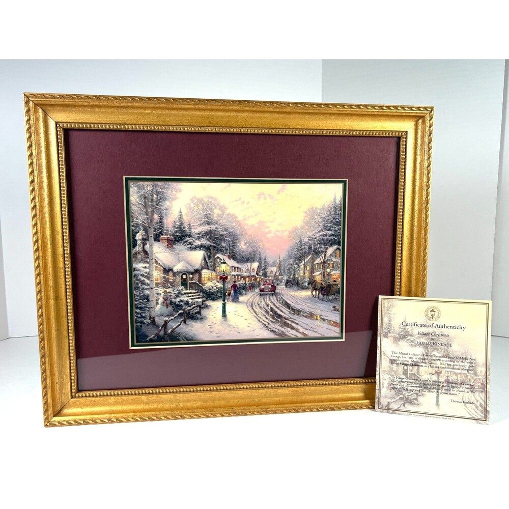 Vtg 2002 Thomas Kinkade Village Christmas Print Framed With COA Collector Art